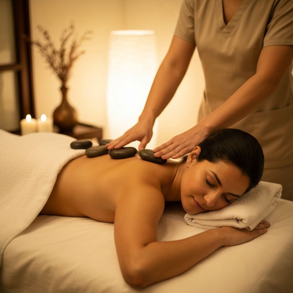 Woman receiving hot stone body therapy at NewYou Medical Spa